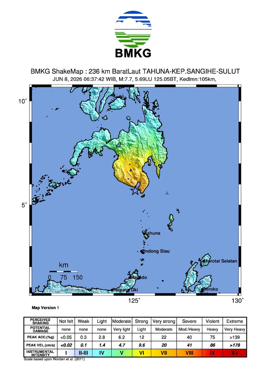 daryono_eq_talk's tweet photo. Peta model guncangan paling terdampak warna kuning https://t.co/bmTIJQiqQ6