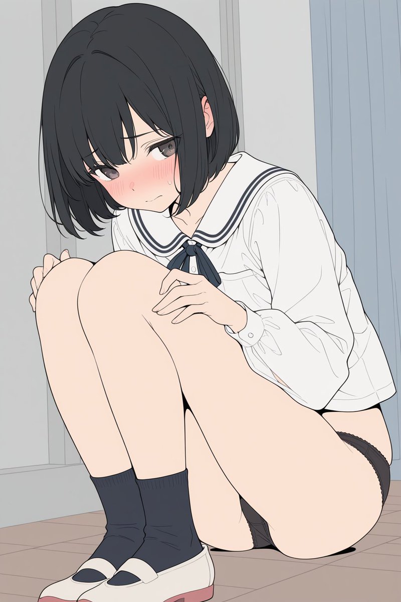 harusame_now's tweet photo. 俺のクラスの美少女のあの子が、廊下の隅でスカート無しで座ってる…… 
白いセーラー服の下に黒いパンツが丸見えで、膝を抱えて顔真っ赤にしてる……  
「なんでスカート履いてないの……！？」 https://t.co/ERfN3xSaVD