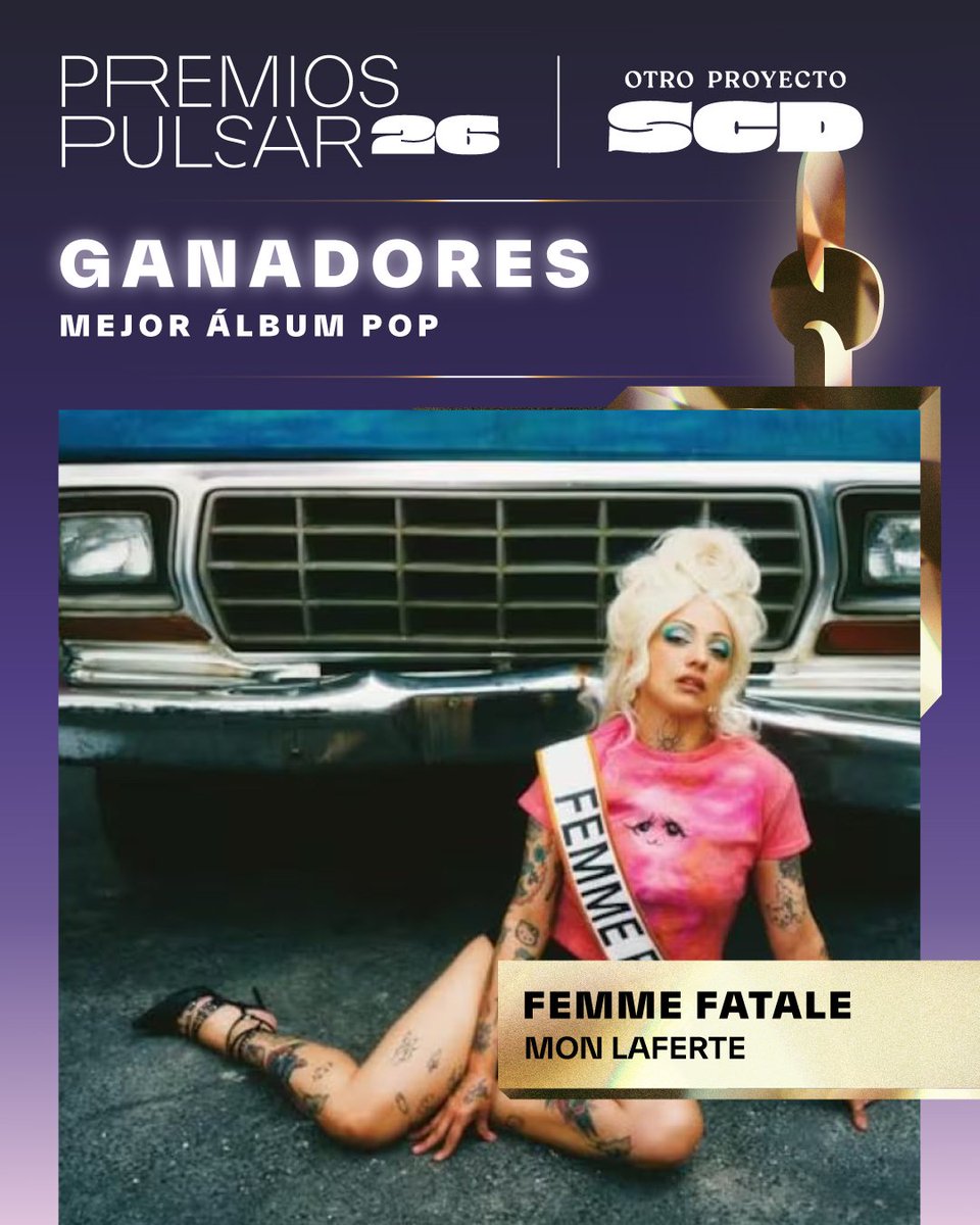 LaferteCharts's tweet photo. Mon Laferte ha ganado la categoría “Mejor Álbum Pop” por "FEMME FATALE” en los Premios Pulsar 2026. https://t.co/YaSPF0W38P
