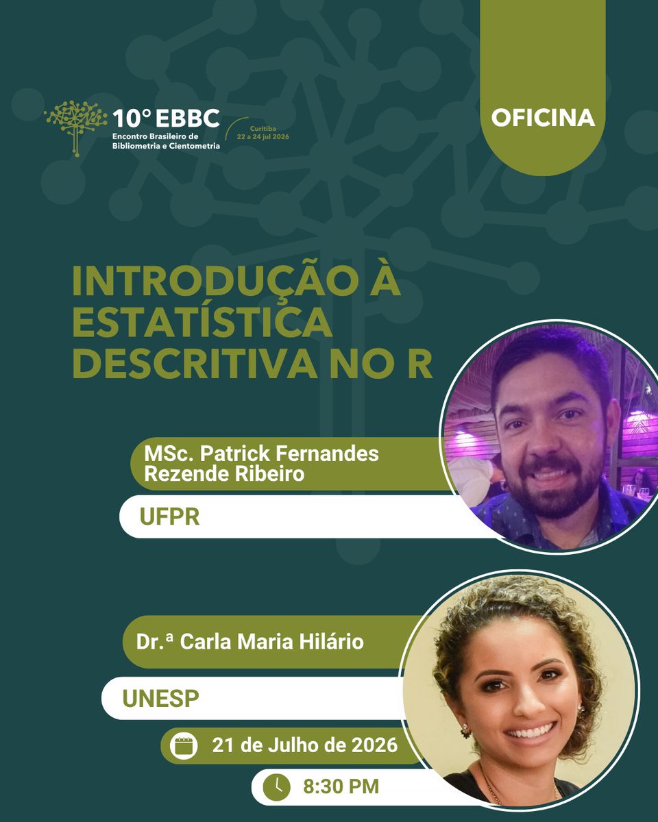 EventoEbbc's tweet photo. 📊✨ Quer dar os primeiros passos na análise estatística utilizando o R? Então essa oficina é para você!

📅 Data: 21/07/2026
⏰ Horário: 8h30
📍 Local: Setor de Ciências Sociais Aplicadas
Aproveite a oportunidade para ampliar seus conhecimentos em análise de dados!
#10EBBC https://t.co/H3vHB8cjJD