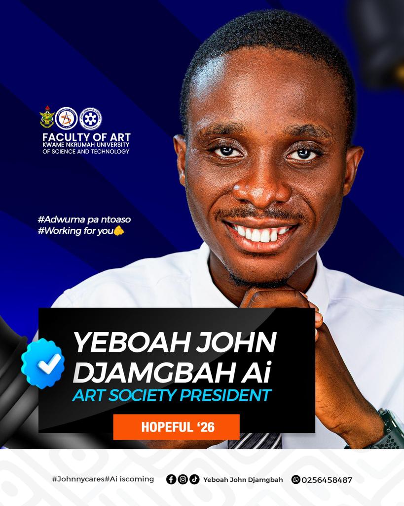 Noticeboardgh's tweet photo. Anticipation grows! 👀 

Yeboah John Djamgbah (Ai), former Faculty of Art Vice President under Master Desmond Aggrey, is eyeing the presidency. 
One question remains: who will join him as running mate?
Watch this space. 🔥
#KNUST #NBGHElectionHq #Noticeboardgh🇬🇭

Stay tuned!! https://t.co/ish5tpGA5D