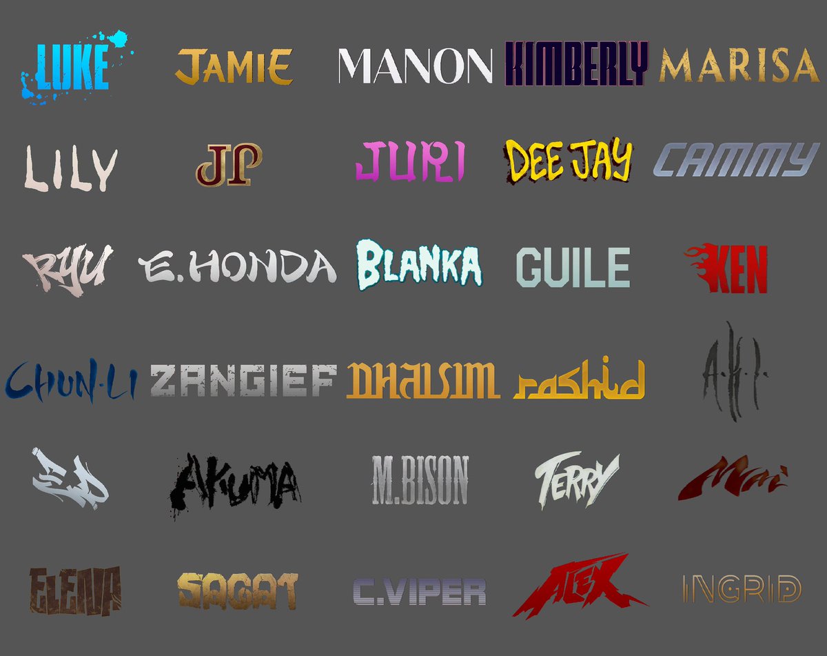 GohBilly1's tweet photo. The unique character name fonts from the Street Fighter 6 promotional art (so far). https://t.co/qproQi0S70