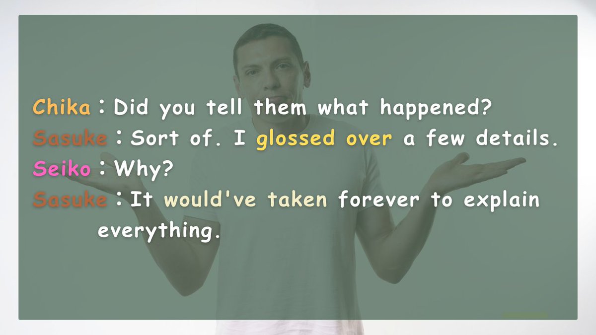 seiz_english's tweet photo. 【今日の英語表現✨#807】
gloss over＝深く触れない/誤魔化す
✅The report glossed over several major issues.
　その報告書は重大な問題をいくつかごまかしていた。
✅She tried to gloss over the argument and move on.
　彼女は口論をさらっと流して先へ進もうとした。 https://t.co/ZtovUhgqMV