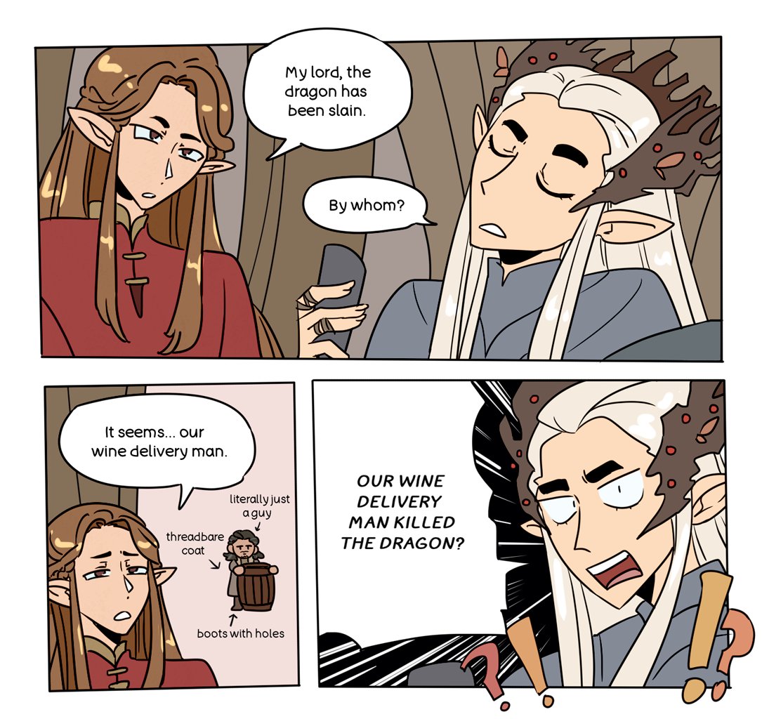 ministarfruit's tweet photo. “no one DARES go to erebor” “the dragon CANNOT be slain” “the GREATEST  of CALAMITIES will ruin us ALL” and then the delivery guy does it. what are we even doing. https://t.co/1nTw6CmkGe