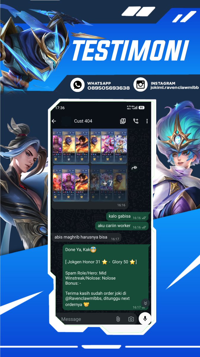 Ravenclawmlbbs's tweet photo. Done Joki ML

2465. Jokgen Honor 31 ★ -  Glory 50 ★  No Lose
2466. Mythic 5 ★  No Lose
2467. Immortal 101★ - Immortall 111 ★ No Lose
2468. Honor 42 ★ -  Glory 52  ★

#testiravenclawjoki #jokiml https://t.co/RLSTLFZnPd