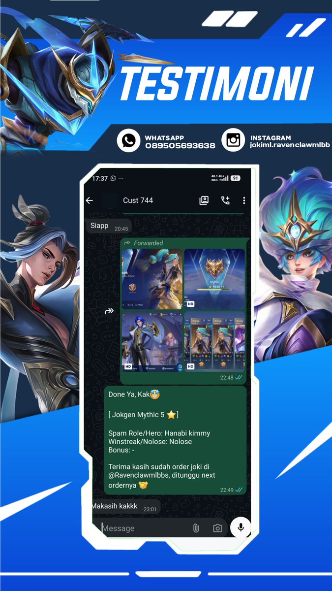 Ravenclawmlbbs's tweet photo. Done Joki ML

2465. Jokgen Honor 31 ★ -  Glory 50 ★  No Lose
2466. Mythic 5 ★  No Lose
2467. Immortal 101★ - Immortall 111 ★ No Lose
2468. Honor 42 ★ -  Glory 52  ★

#testiravenclawjoki #jokiml https://t.co/RLSTLFZnPd
