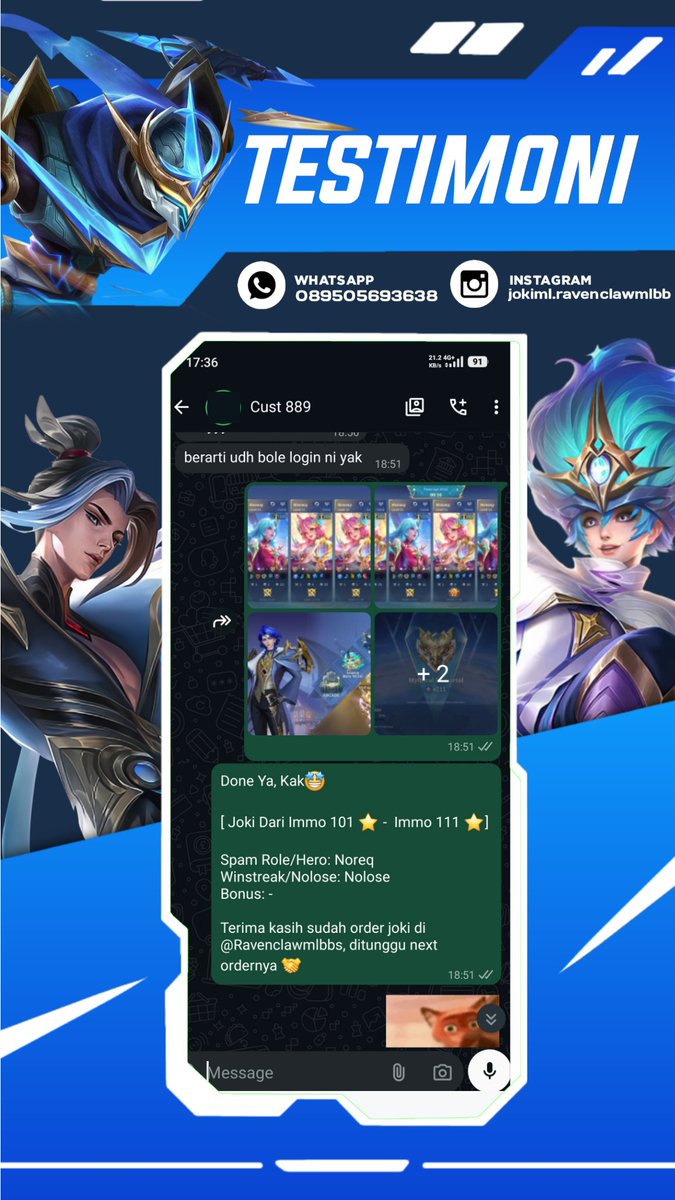 Ravenclawmlbbs's tweet photo. Done Joki ML

2465. Jokgen Honor 31 ★ -  Glory 50 ★  No Lose
2466. Mythic 5 ★  No Lose
2467. Immortal 101★ - Immortall 111 ★ No Lose
2468. Honor 42 ★ -  Glory 52  ★

#testiravenclawjoki #jokiml https://t.co/RLSTLFZnPd