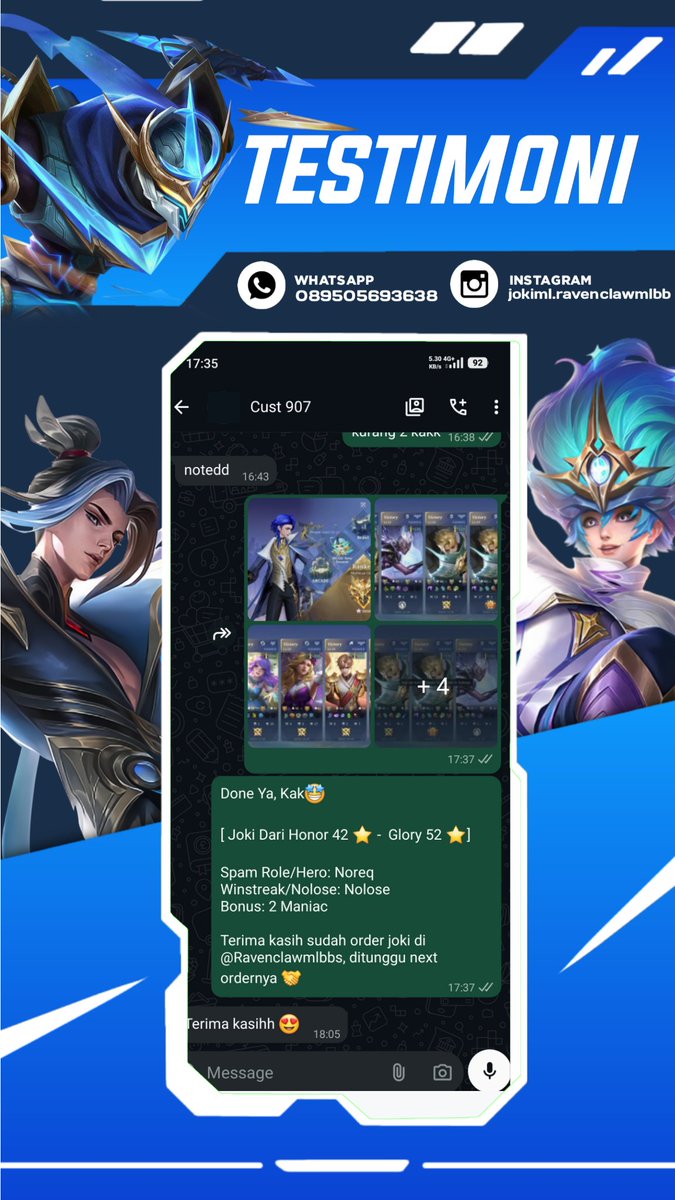 Ravenclawmlbbs's tweet photo. Done Joki ML

2465. Jokgen Honor 31 ★ -  Glory 50 ★  No Lose
2466. Mythic 5 ★  No Lose
2467. Immortal 101★ - Immortall 111 ★ No Lose
2468. Honor 42 ★ -  Glory 52  ★

#testiravenclawjoki #jokiml https://t.co/RLSTLFZnPd