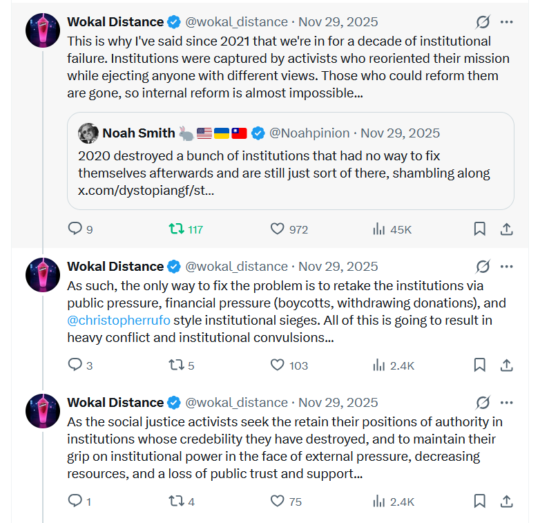 wokal_distance's tweet photo. If you refuse to acknowledge the role that using Universities and vehicles for advancing radical leftist ideologies played in destroying the credibility of Universities, you will never be able to regain that.

I warned you about this years ago. https://t.co/h3IUa1JOXD