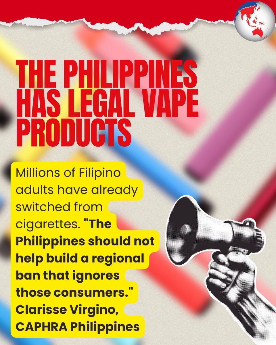 caphraorg's tweet photo. The Philippines has legal vape products. Millions of Filipino adults have already switched from cigarettes. "The Philippines should not help build a regional ban that ignores those consumers." Clarisse Virgino, CAPHRA Philippines. #ASEAN #HarmReduction #Philippines https://t.co/ngpPl86vrO