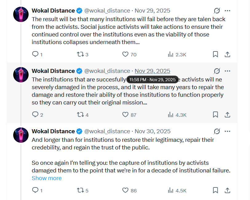 wokal_distance's tweet photo. If you refuse to acknowledge the role that using Universities and vehicles for advancing radical leftist ideologies played in destroying the credibility of Universities, you will never be able to regain that.

I warned you about this years ago. https://t.co/h3IUa1JOXD