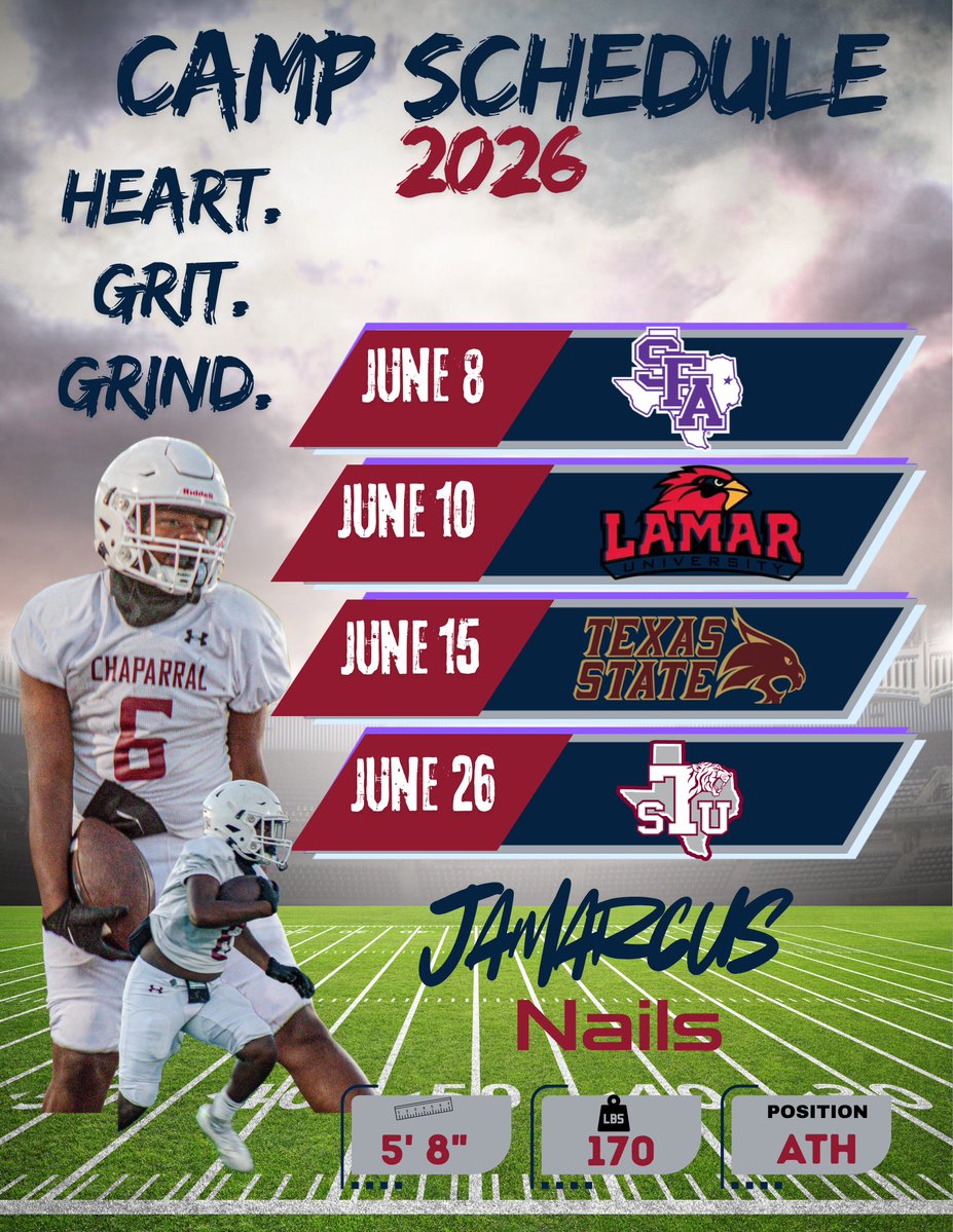 JamarcusNails's tweet photo. My 2026 camp schedule! It’s ONLY the beginning💪🏾 #JustKeepGrinding #BeExceptional @CHSBobcatsFB @coachmac505 @Coachwoods5073 @CoachEnriqueCTX @Coach__OMalley @247recruiting @NP_Recruiting https://t.co/LOSLtrZK0P