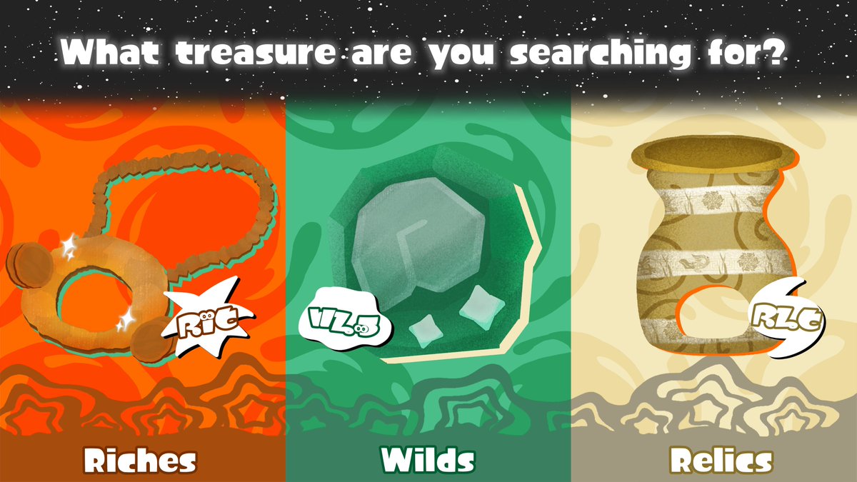 Custom_Fests's tweet photo. Check it out! Starlight City has announced their custom splatfest! This time is Splatoon Raiders themed!
What treasure are you searching for? Riches, Wilds or Relics! The fest will be on Friday, June 12th and go until Sunday, June 14th. https://t.co/460pp6UuB9