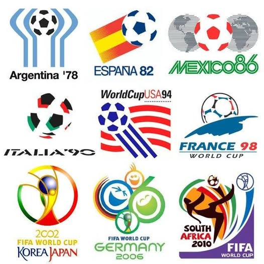 LiMbasani's tweet photo. World Cup logos of the past naturally matched the optimism that the notion of Globalization represented to most ppl at the time. Generally colourful ideas for each logo. 
The 2026 logo reflects where likely Western society is today. Minimalist and accused of being too corporate. https://t.co/Kp9UYYZ8tw