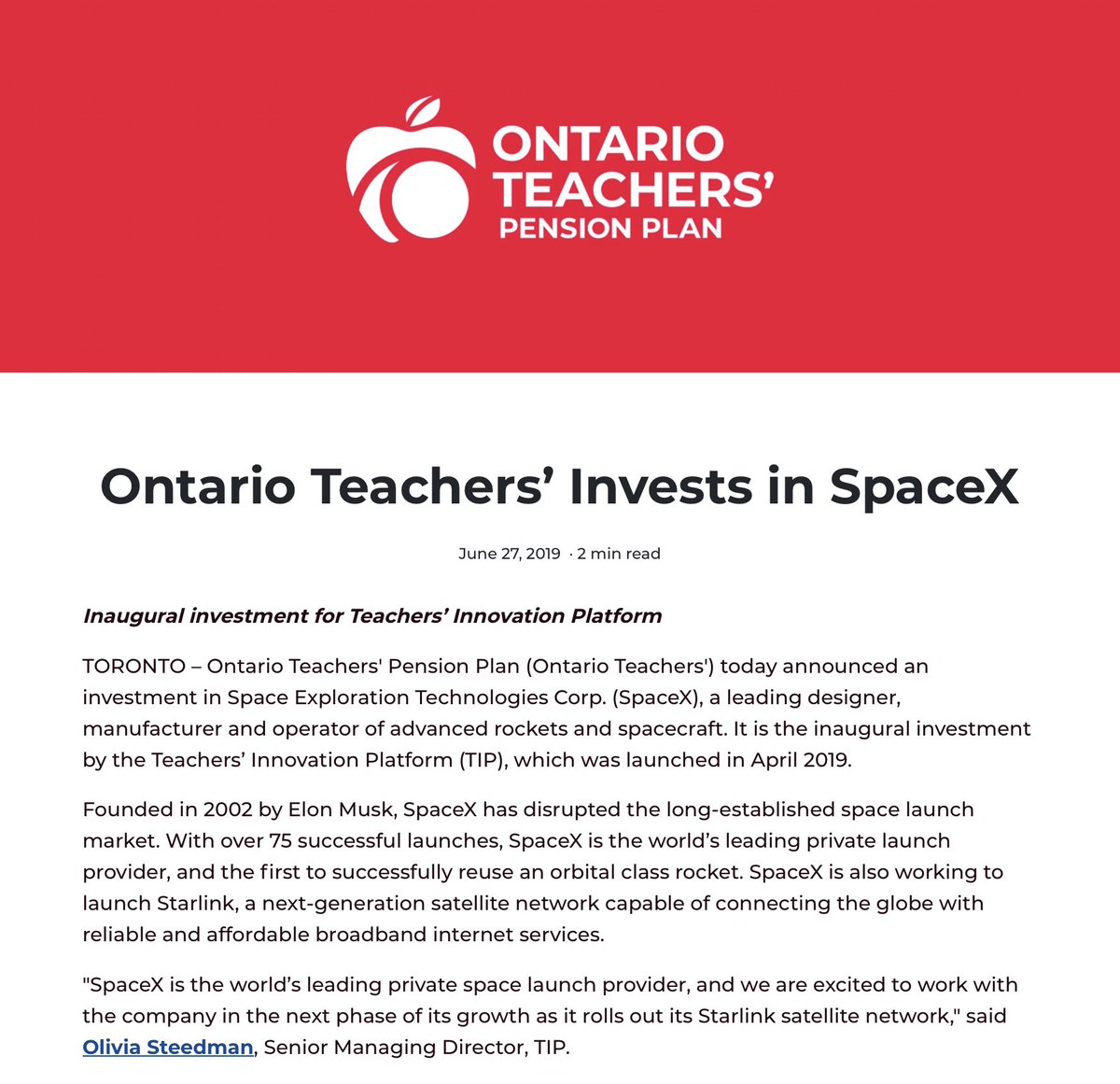 SawyerMerritt's tweet photo. Here's the announcement that the Ontario, Canada Teachers' Pension Plan made in 2019 when they invested $300M into @SpaceX, which at the target IPO valuation of $1.75T would be worth $11.6B:

"SpaceX is the world’s leading private space launch provider, and we are excited to work with the company in the next phase of its growth as it rolls out its Starlink satellite network."

This would come out to about $33,500 for each of the Pension Plans' 346,000 members. Incredible.