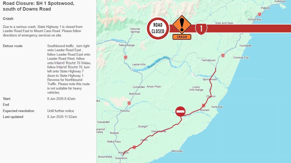 nztacwc's tweet photo. UPDATE 11:10AM
SH1 is now CLOSED between Leader Rd East to Mount Cass Rd. 
SB traffic turn right onto Leader Rd East, continue onto Leader Rd West, onto Inland Route 70, left onto SH7 and back onto SH1. Reverse for NB traffic. NOTE: this route is not suitable for heavy vehicles. https://t.co/vav3XiYPdw