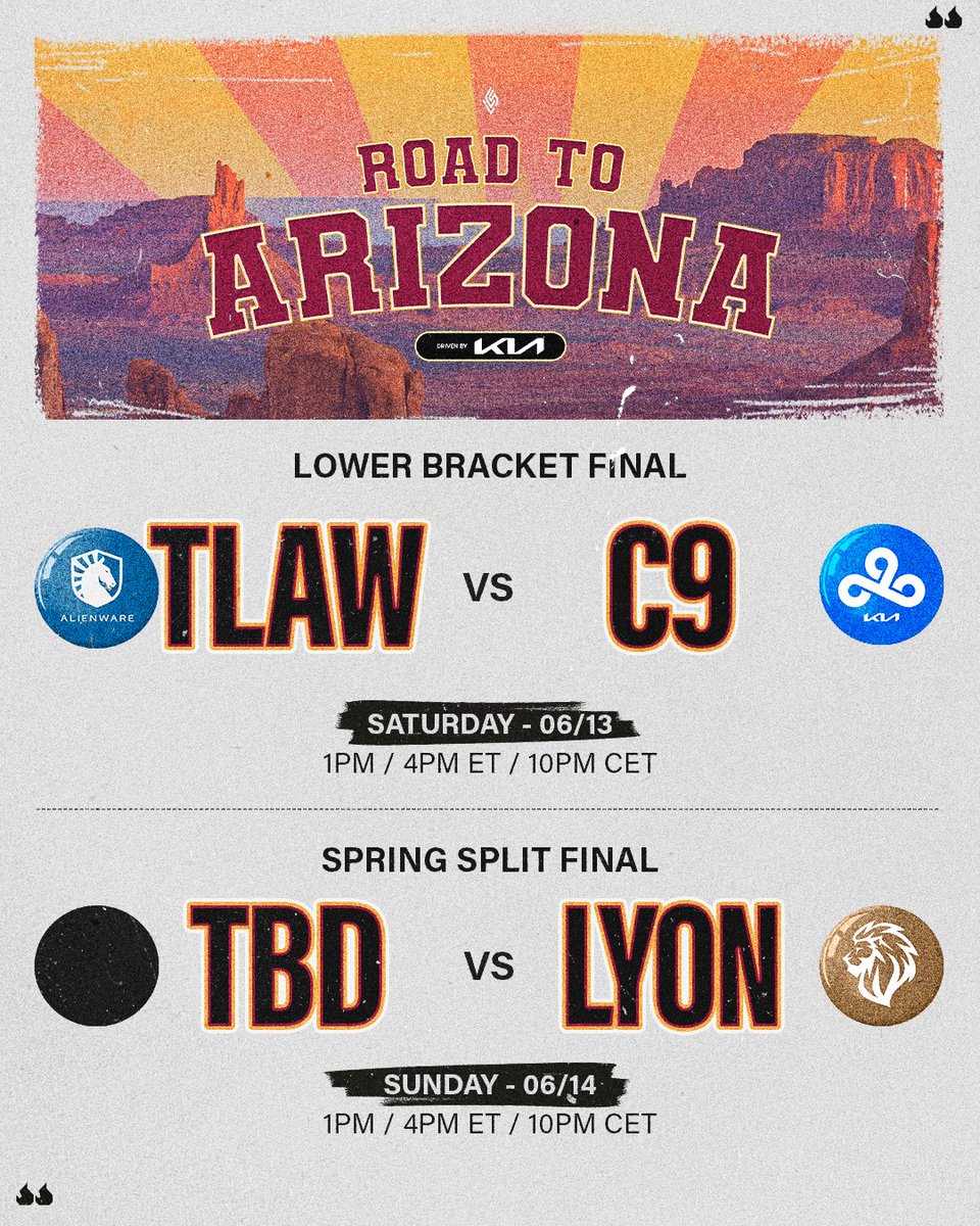 LCSOfficial's tweet photo. See y'all in Arizona!

With one spot left for MSI and one trophy to hoist, here is the schedule for the FINAL week of #LCS Spring Split playoff action.

We hope to see you either at the Mullett Arena at ASU or online cheering on your favorite teams and players 👋 https://t.co/wUlEsDBOjz