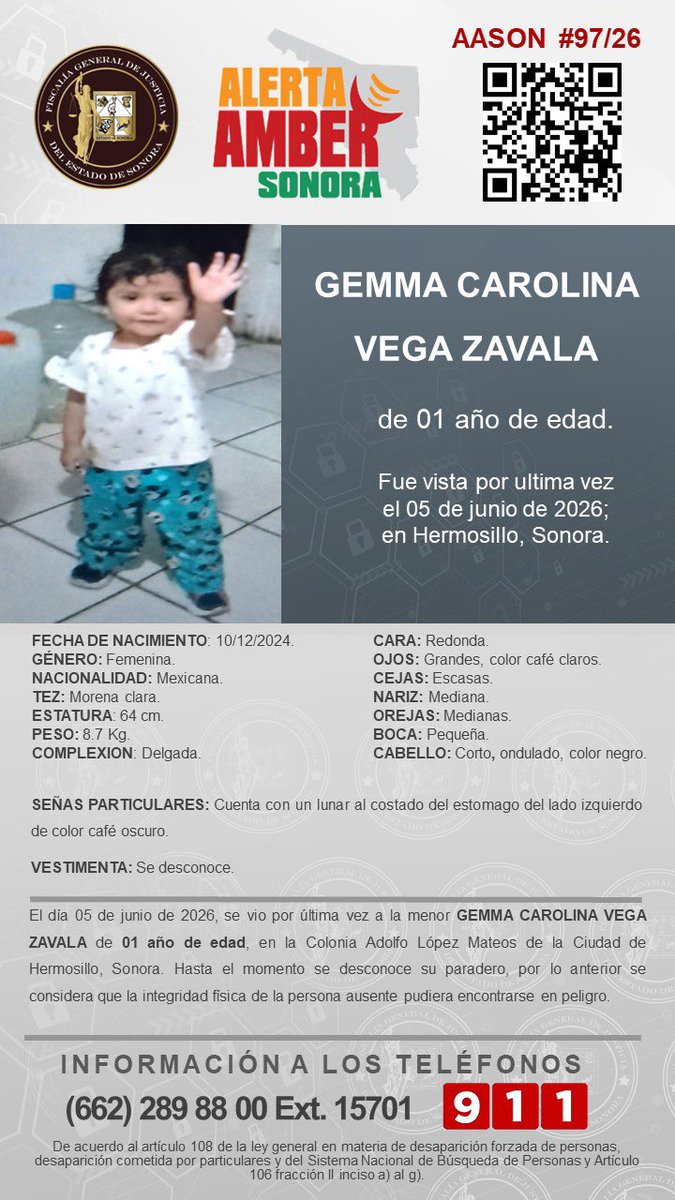 cynthiagarama's tweet photo. 🚨*SE ACTIVA ALERTA AMBER SONORA PARA BÚSQUEDA y LOCALIZACIÓN DE LA  MENOR GEMMA CAROLINA VEGA ZAVALA, de 01 años de edad; quien fue vista por última vez el 05 de junio del 2026 en Hermosillo, Sonora. https://t.co/kXeBmwz8ma