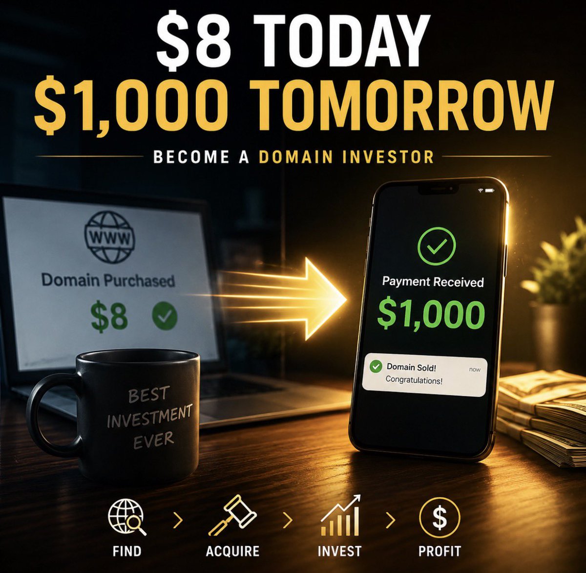 goexpired's tweet photo. 🚨 Side hustle idea: Become a domain investor.

Sounds ridiculous, right?

That’s exactly what I thought.

Then I bought my first domain name for $8.

24 hours later, I sold it for $1,000.

Not because I was a genius.

Not because I got lucky with crypto.

Not because I had insider knowledge.

I simply found a name I believed had value, reached out to a potential buyer, and they agreed.

That was my introduction to domain investing.

And it completely changed how I looked at the internet.

Every business needs a domain name.

Every startup needs a domain name.

Every new product needs a domain name.

And every day, thousands of valuable domain names expire because their owners forget to renew them, shut down projects, or simply move on.

That’s where domain investors come in.

We buy digital real estate.

Sometimes we hold it.

Sometimes we flip it.

Sometimes we contact potential buyers directly (known as outbound).

Sometimes we buy names for $20 and sell them for $2000.

Sometimes we buy names for $500 and sell them for $50,000.

And yes…

Sometimes we buy names that never sell.

Let’s be honest about that part.

Domain investing is not a get-rich-quick scheme.

Most people won’t buy one domain and suddenly retire.

But compared to many side hustles, the startup cost is surprisingly low.

You can literally get started with less money than a night out.

If I were starting today with a small budget, I’d focus on:

• Expired auctions
• Backorder auctions
• Hand registrations (carefully selected)
• Learning valuation before spending serious money
• Selling a few names before scaling up

Personally, I think expired and backorder auctions offer some of the best opportunities.

You’re often buying names that someone else once thought were worth owning.

That’s one of the reasons I built GoExpired.

Every day I go through thousands of auctions and hand-pick the most interesting opportunities, so newcomers don’t have to spend hours digging through endless lists.

Will you get rich?

Maybe.

Will you learn a valuable skill?

Definitely.

Will you start looking at every company name, startup launch, and product announcement differently?

Absolutely.

And who knows…

Your first $8 domain might turn into something a lot bigger than mine did.

P.S. 

One of the best things about domain investing isn’t the domains.

It’s the community.

If you decide to jump in, you’ll find a lot of smart and generous people here on X who are willing to help.

And if you have questions, feel free to connect with me. 

I can’t promise I’ll have all the answers, but I’ll gladly point you in the right direction.

Disclaimer:

Not every $8 domain turns into $1,000.

Mine did.

Many won’t.

Start small. Learn. Make mistakes cheaply.

DYOR. NFA.