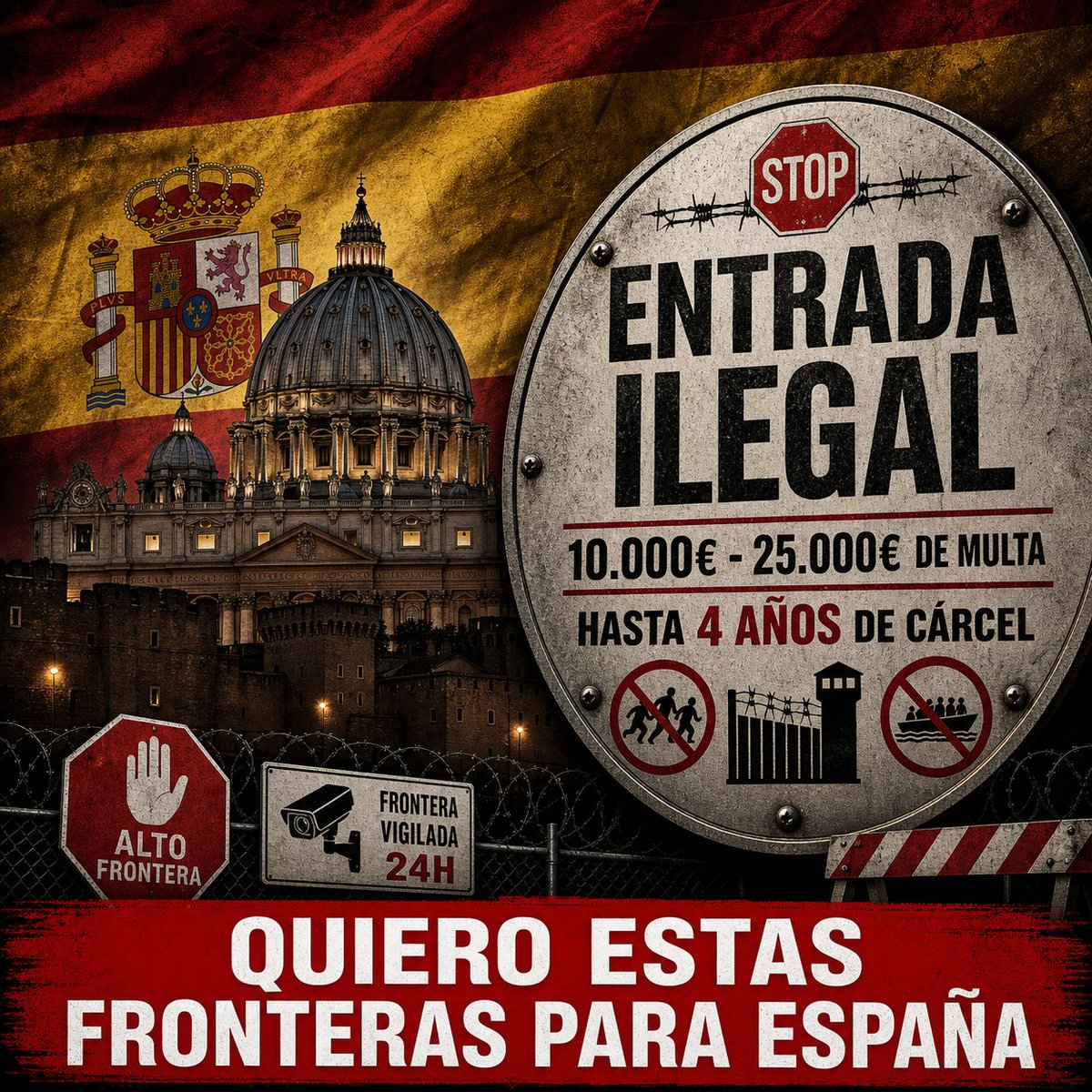jesusvazquezb's tweet photo. Yo quiero para España EXACTAMENTE lo mismo que tiene el Vaticano en inmigración: si entras ilegalmente, multas de 10.000‑25.000€ y hasta 4 años de cárcel, con veto de hasta 15 años para volver. Pero luego nos llaman “pecado grave” por pedir lo mismo. PRIORIDAD NACIONAL. 🇪🇸 https://t.co/XkWIj3LqRm