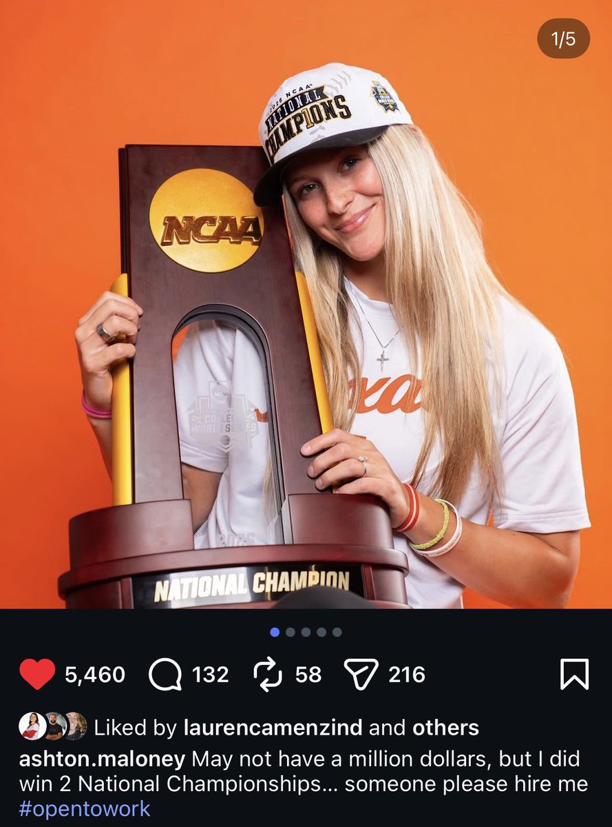 Sydney_Supple's tweet photo. One of the best end of career posts you’ll see from @TexasSoftball’s Ashton Maloney 😂

“May not have won a million dollars but I did win 2 national championships….someone please hire me #opentowork”. 

Maloney’s degree is in Communication &amp; Leadership. https://t.co/sGMdJE6XAD