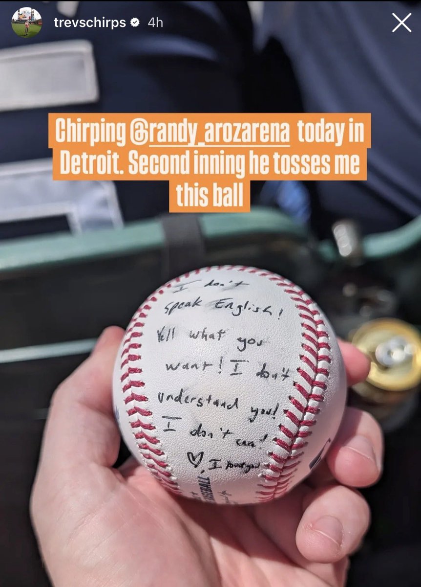 StrikeoutBuzzX's tweet photo. A fan was yelling at Randy Arozarena from the stands, so Randy — or someone else — wrote this on a baseball &amp; threw it to him 😂🗣️

“I don’t speak English! Yell what you want! I don’t understand you! I don’t care! ❤️ I love you.” 

Thoughts? 🤔 https://t.co/Aqg6X9Er2b