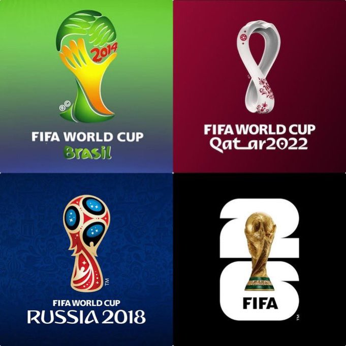 LiMbasani's tweet photo. World Cup logos of the past naturally matched the optimism that the notion of Globalization represented to most ppl at the time. Generally colourful ideas for each logo. 
The 2026 logo reflects where likely Western society is today. Minimalist and accused of being too corporate. https://t.co/Kp9UYYZ8tw