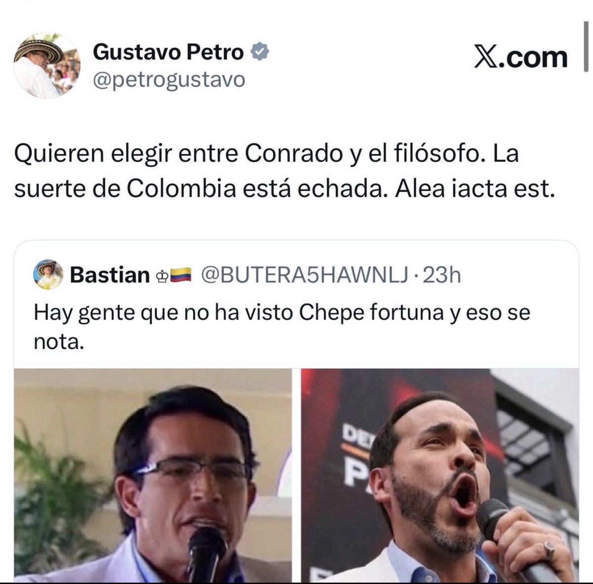 juandcastanog's tweet photo. Nefastos nuestros Dirigentes
La Diplomacia en el Pais se Acabo, estamos llenos de discursos que promueven el odio, tenemos miedo de expresar Postura Política…. Quien olvida su historia esta condenado a repetirla, venimos de la época de la violencia entre Godos y Liberales… https://t.co/xdH80BmtXo
