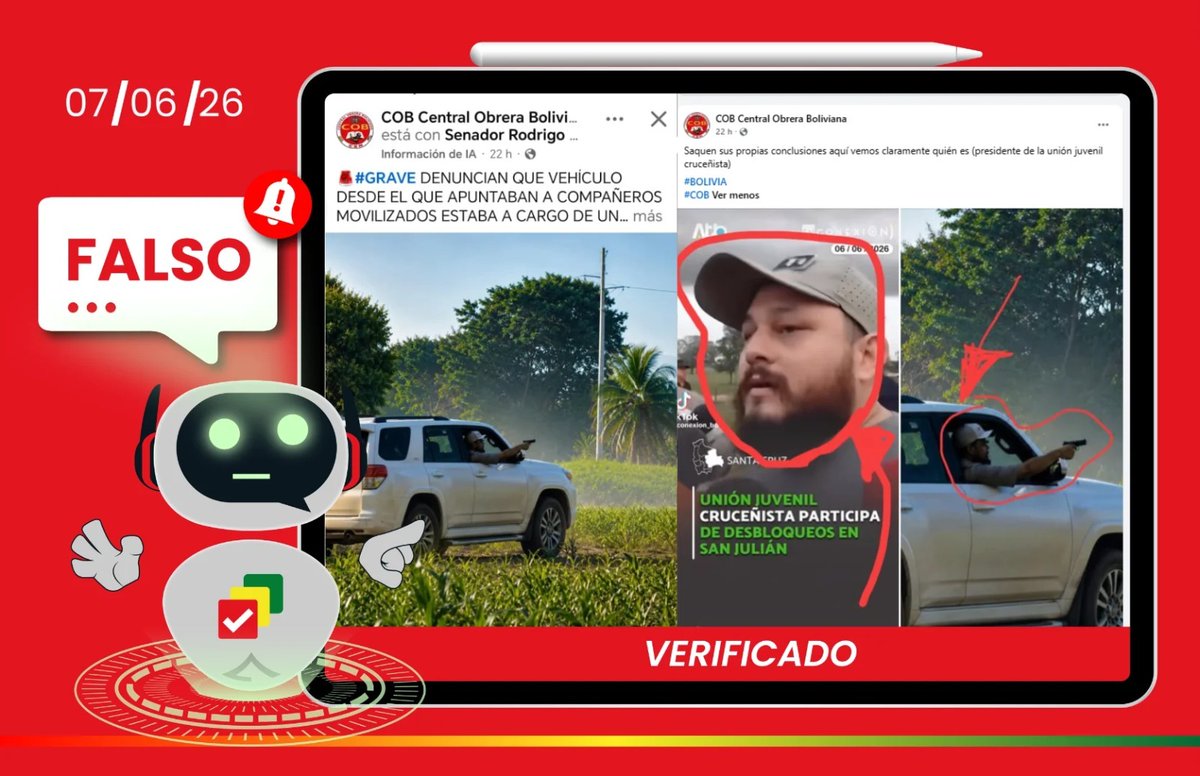 BoliviaVerif1ca's tweet photo. Es falsa ❌ la identificación del presidente de la Unión Juvenil Cruceñista como uno de los hombres armados en los enfrentamientos de San Julián
Lee la verificación 👇🏼👇🏼

https://t.co/3YCyDIXtjN

#BoliviaVerifica #Falso #COB #UJC #SanJulián #CrisisSocialPolíticaBolivia https://t.co/V75y84zFKE