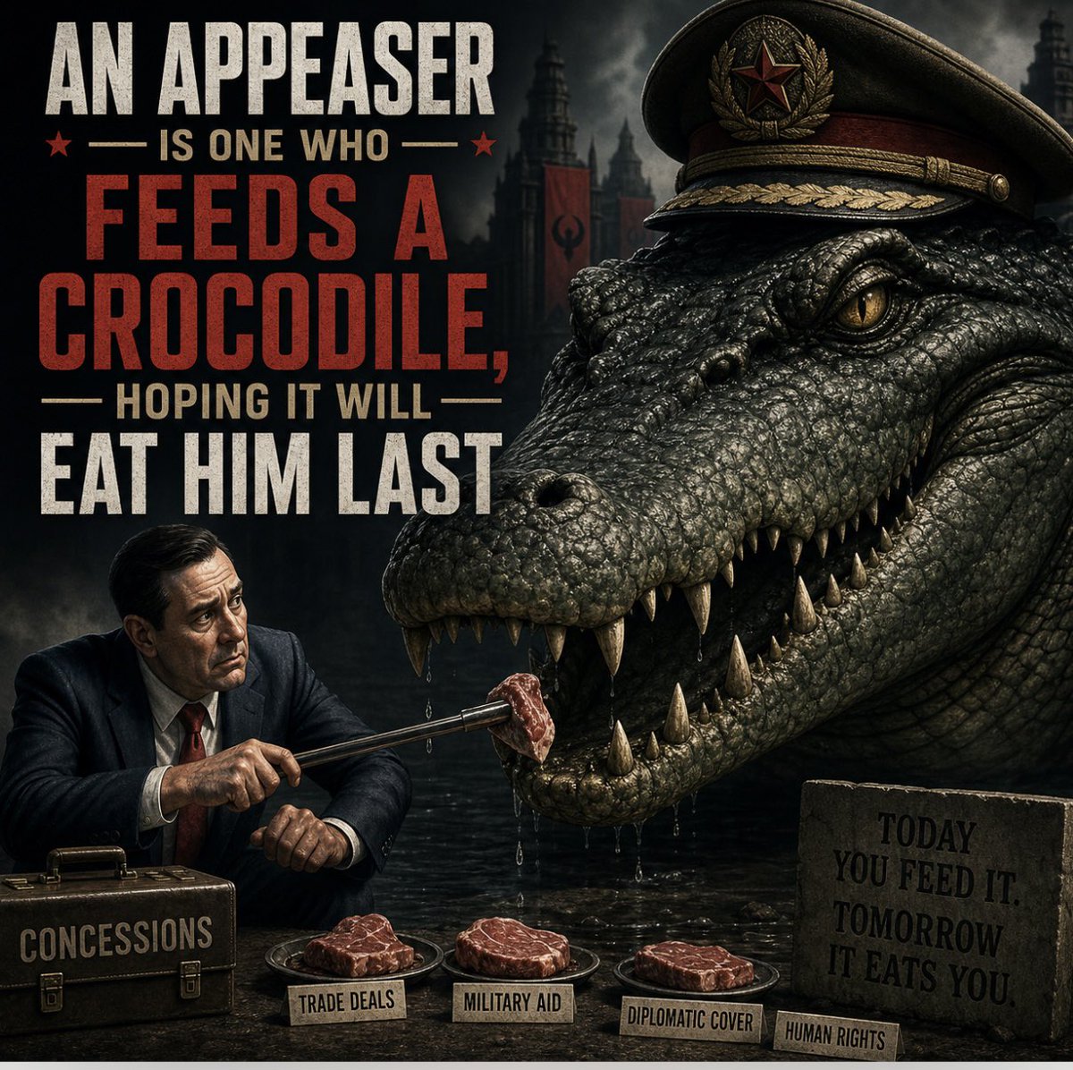 MarkoS2075's tweet photo. Churchill warned that appeasement feeds the crocodile. Iran fires missiles at Israel, and the response is, “That’s enough—come make a deal”? Peace comes through deterrence and strength, not by rewarding aggression with another round of negotiations.

Trump is desperate to secure an agreement, even in this extremely dangerous situation.

His response to the Iranian launches tonight:
“I’m proposing to Iran — you’ve fired your missiles. That’s enough. Return to the negotiation table and make a deal.”