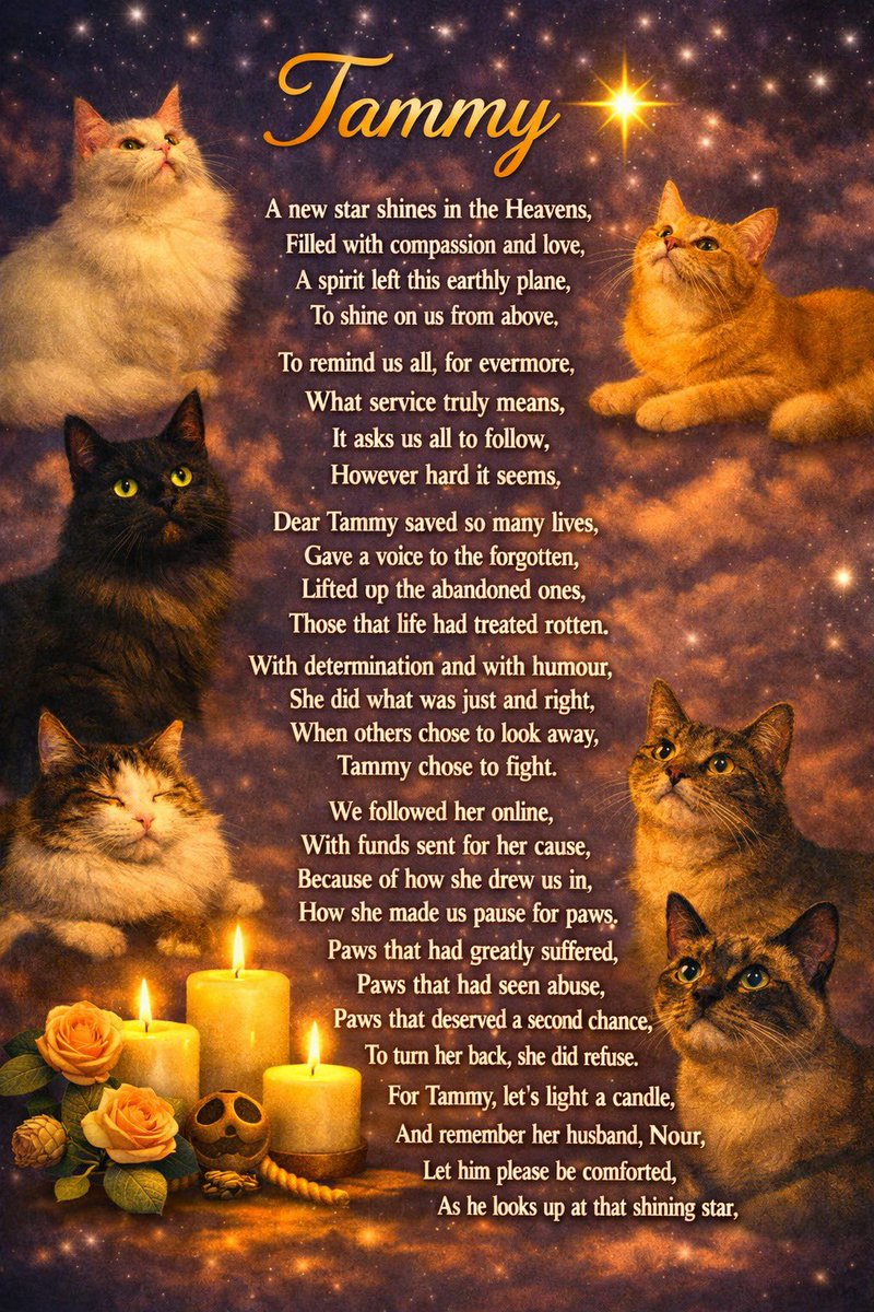 frisky9's tweet photo. Thank you David @Uniquepoems4u for writing this beautiful poem for Tammy and Nour when I asked it’s so very touching like all your poems and something Tammy deserved ♥️♥️ Nour take ♥️we are thinking of you @catswithnohope 🐾♥️♥️♥️♥️ https://t.co/xT9NThkggG