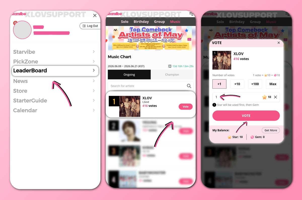 SupportXLOV's tweet photo. TOP COMEBACK ARTIST OF MAY by Starvibe!

🏆 Prize: a promotional billboard in Seoul, Thailand, or Tokyo (the location will be chosen by the fanbases).

🔗 Vote here: https://t.co/arKY18u1fO

1 vote = 10⭐️ = 10💎

🗓 Voting period: until June 21, 2026, at 23:59 KST.

📖 Guide: https://t.co/MsU1d690rP

‼️ Make sure to log in to the site every day and check in. With each consecutive day, you will earn more and more stars.

👉 The use of multiple accounts is allowed. However, if you use more than 5 accounts on a single device, you may receive a warning. Please be careful and avoid getting your accounts blocked.

‼️We recommend simply saving up your stars for now and voting as close to the deadline as possible‼️

#XLOV #XLOV_SERVE #엑스러브 #I_God #XLOV_I_God #SERVE