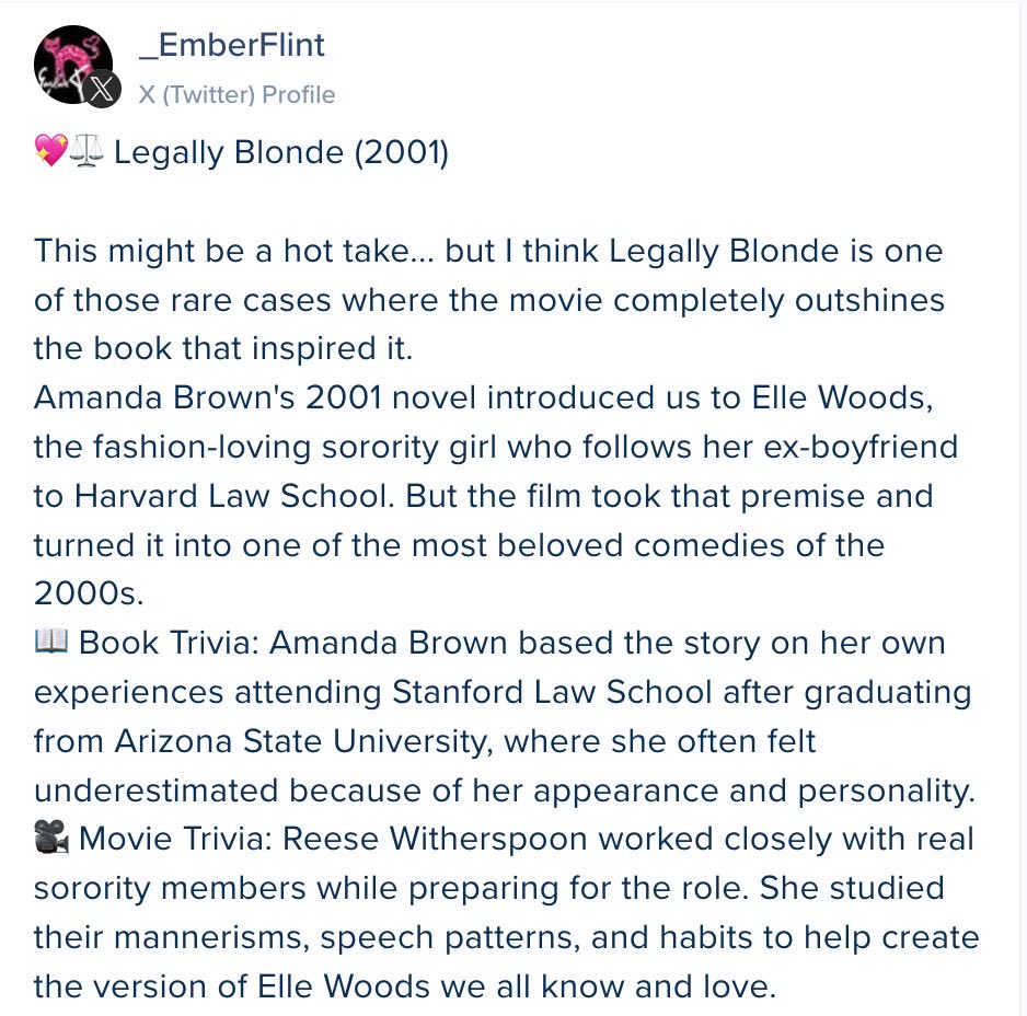 _EmberFlint's tweet photo. 💖⚖️Legally Blonde (2001)
This might be a hot take... but I think Legally Blonde is one of those rare cases where the movie completely outshines the book that inspired it. Continue to read in the pictures below.

🎬Wait?! The Movie Was Better?! 📚

#BookVsMovie #LegallyBlonde https://t.co/MZJWOw8Tlp