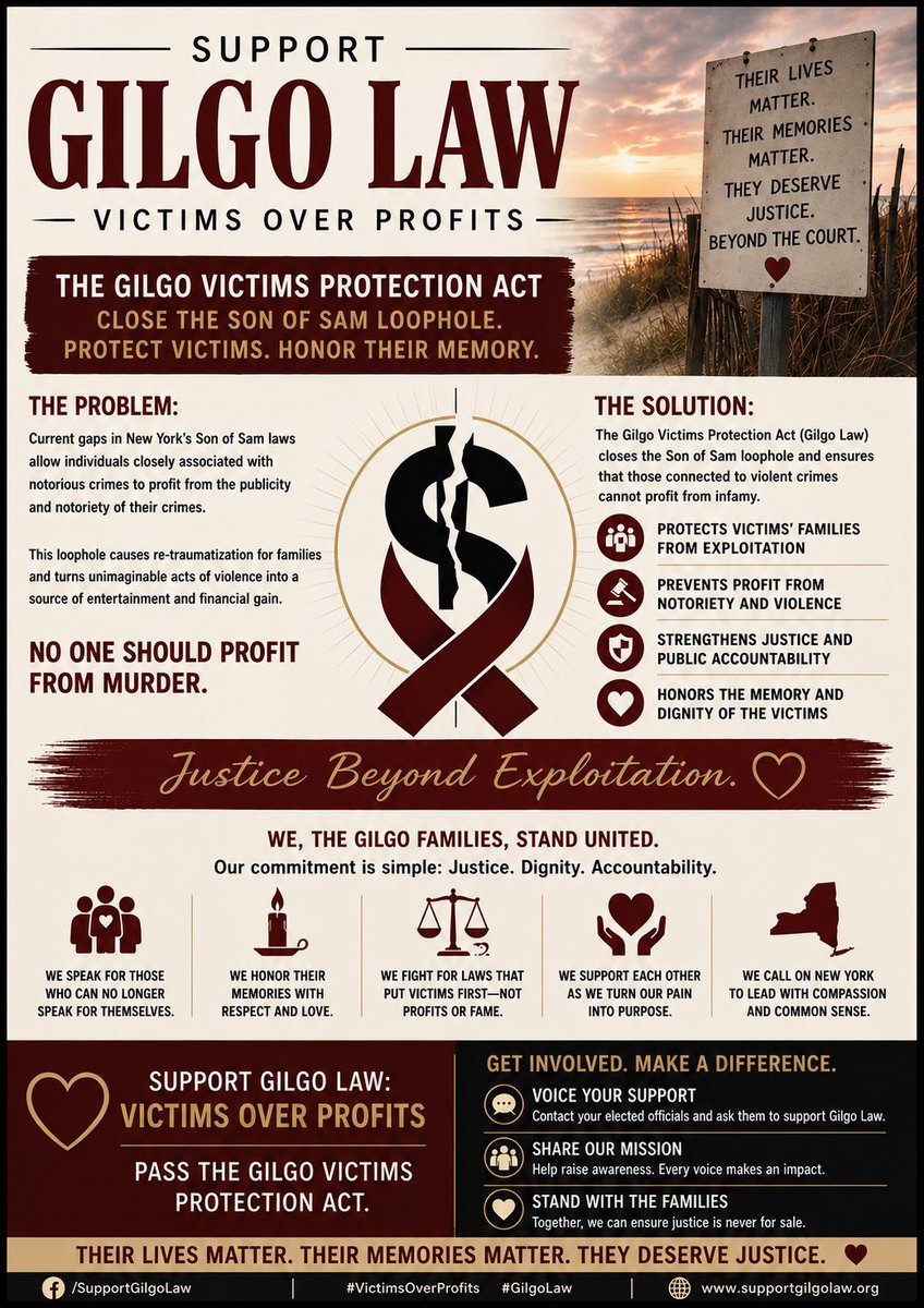 Catch_LISK's tweet photo. United Statement from Gilgo Victims’ Families

The exploitation of legal loopholes and the trade of murderabilia represent a profound failure of societal empathy. 

We must draw a firm line in the sand: Crime must not pay, and notoriety must not enrich. 

We urgently call on the New York State Assembly and Senate to advance Assembly Bill #A6730 and Senate Bill #S5470 out of committee and pass them into law. 

Closing the Son of Sam loophole is not a partisan issue; it is a declaration of human dignity, a defense of victims' rights, and a vital step toward ensuring our legal system protects the broken-hearted rather than rewarding the brutal. #GilgoLaw 
@judygriffinny @LeroyComrie @NYSA_Majority @NYSenate