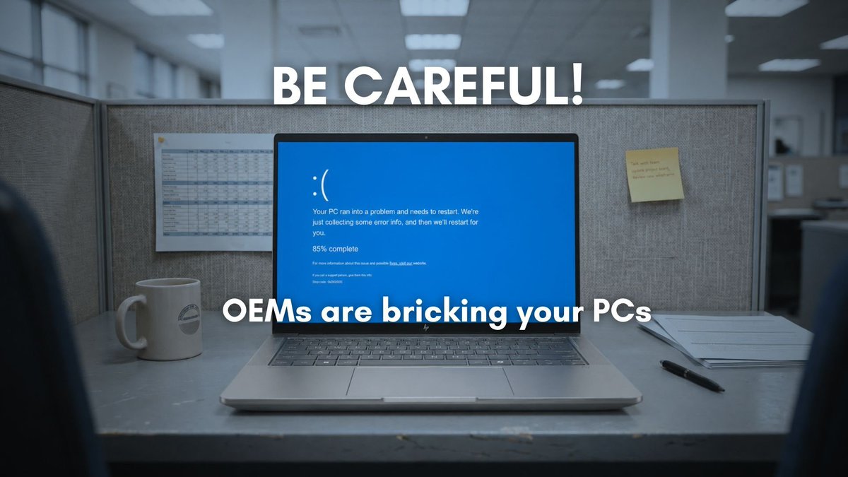 WindowsLatest's tweet photo. Not Microsoft, but OEMs are quietly causing Windows 11 problems, and you need to be careful with their drivers or pre-installed software.

Microsoft has spent 2026 cleaning up Windows 11: better update controls, fewer forced restarts, faster File Explorer work, Low Latency Profile, native WinUI work, driver quality improvements, and less pointless Copilot clutter.

Then HP shipped BIOS updates that pushed enterprise laptops into BitLocker recovery loops.

Dell followed with SupportAssist Remediation 5.5.16.0 causing BSODs roughly every 30 minutes on XPS, Alienware, Latitude, Precision, and other machines.

Most users don’t care whose fault it is.

If their HP laptop asks for a BitLocker key every reboot, they blame Windows. If their Dell crashes twice an hour, they blame Windows.

That’s the real problem with the PC ecosystem.

Microsoft can rebuild Windows 11 from the ground up, but OEM firmware, drivers, and bundled “support” tools can still destroy the experience overnight.