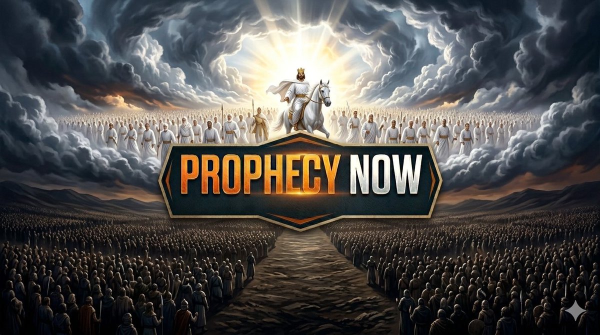 Prophecy_Now's tweet photo. When the armies of the world march toward the Valley of Megiddo for the final conflict of the age, where’s the Church?  We are returning with Him in white linen, already rescued by the #Rapture before the clock struck midnight. 🎺🛡️ #ProphecyNow #Armageddon https://t.co/UKoDVYsRff