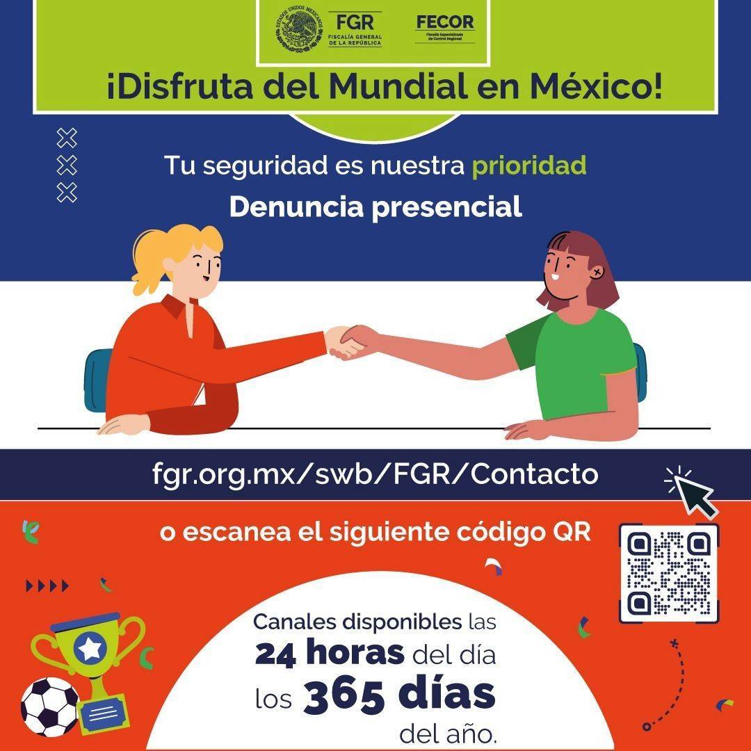 FGR_BC's tweet photo. FGR lanza micrositio de atención para el Mundial de Futbol 2026. En el marco del #MundialdeFutbol2026, #FGR implementó un micrositio web para orientar a turistas nacionales y extranjeros, atender denuncias e iniciar investigaciones por delitos federales. https://t.co/FkxvqhNzWV https://t.co/wP21KmSsfg