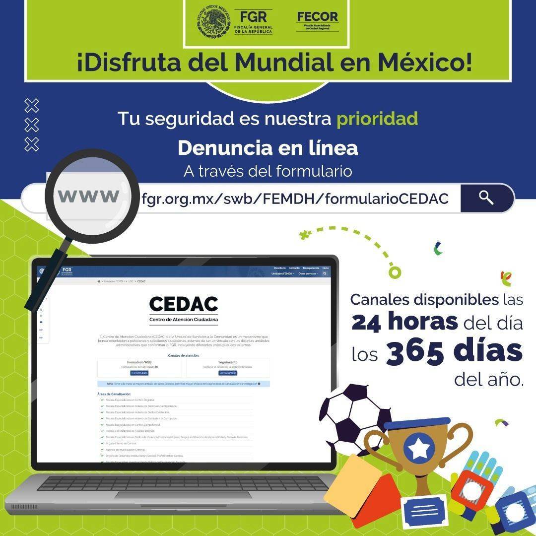 FGR_BC's tweet photo. FGR lanza micrositio de atención para el Mundial de Futbol 2026. En el marco del #MundialdeFutbol2026, #FGR implementó un micrositio web para orientar a turistas nacionales y extranjeros, atender denuncias e iniciar investigaciones por delitos federales. https://t.co/FkxvqhNzWV https://t.co/wP21KmSsfg