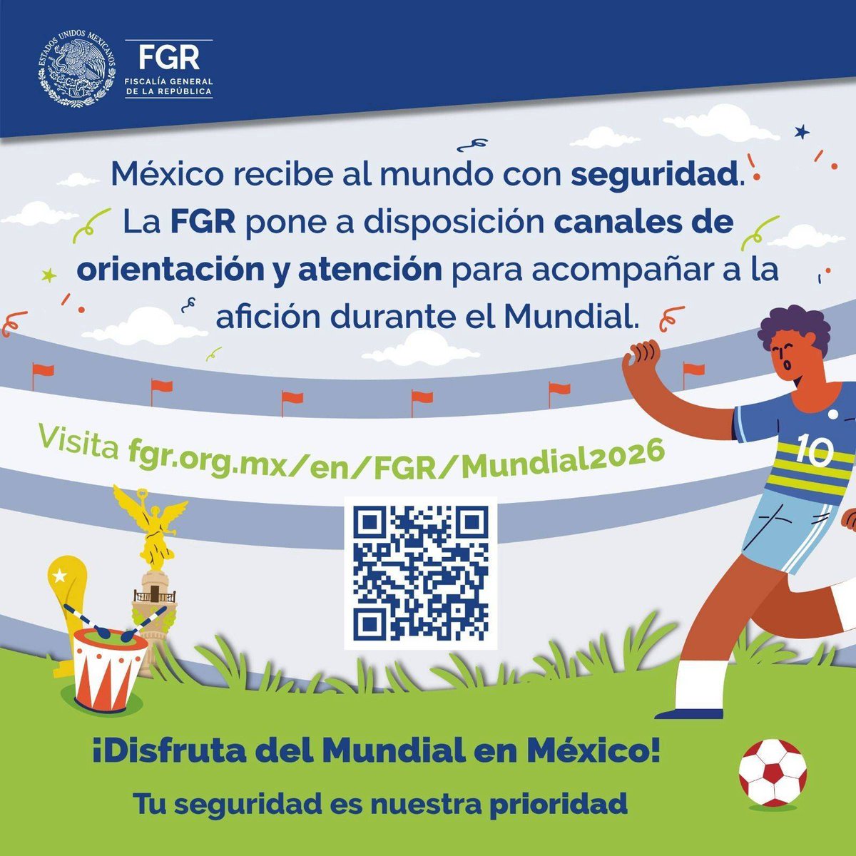 FGR_BC's tweet photo. FGR lanza micrositio de atención para el Mundial de Futbol 2026. En el marco del #MundialdeFutbol2026, #FGR implementó un micrositio web para orientar a turistas nacionales y extranjeros, atender denuncias e iniciar investigaciones por delitos federales. https://t.co/FkxvqhNzWV https://t.co/wP21KmSsfg