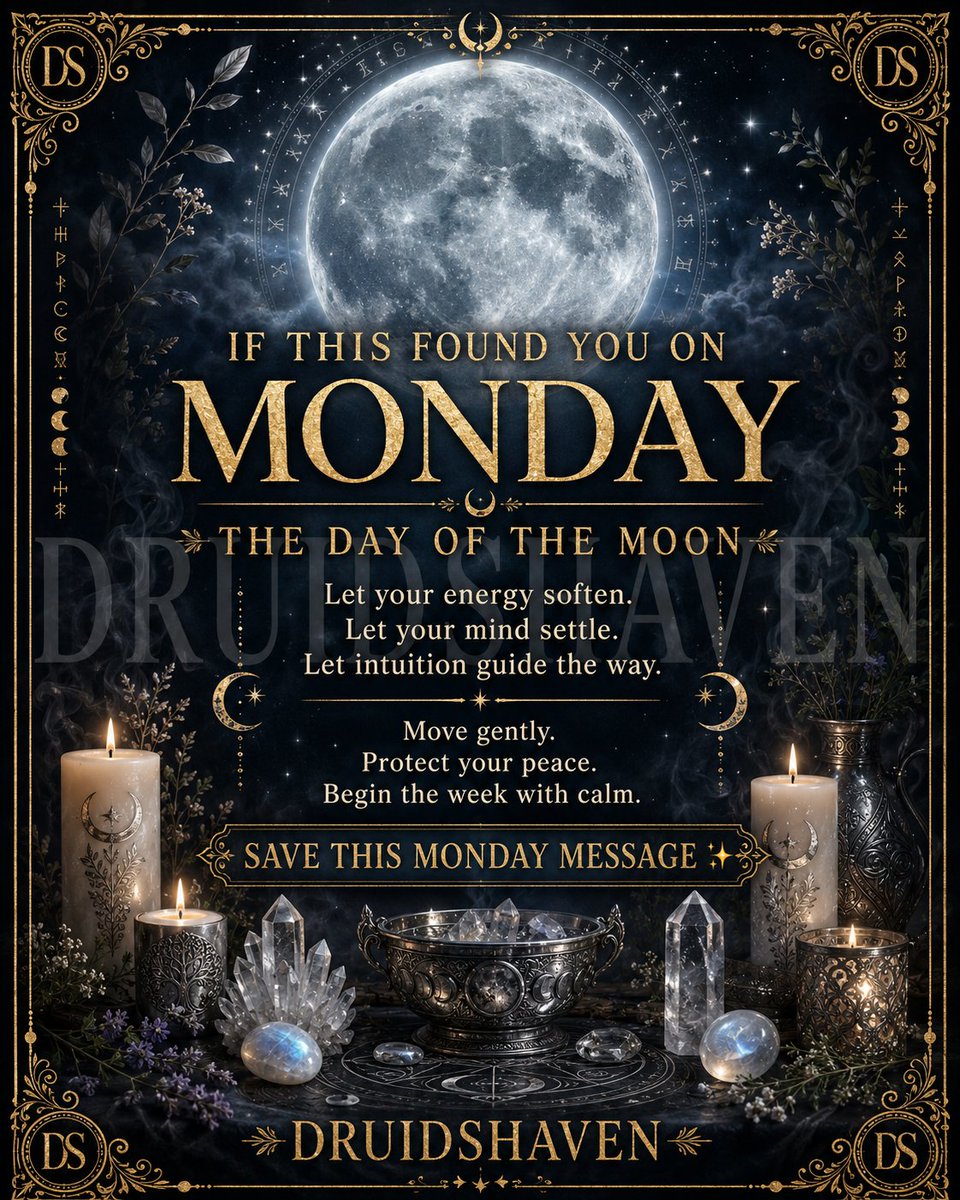 Druidshaven's tweet photo. What kind of energy are you carrying into Monday? ✨
Let your energy soften.
Let your mind settle.
Let intuition guide the way.
Begin the week with calm.
#Druidshaven #MondayMessage #MoonEnergy #MondayBlessing #SpiritualGuidance #CalmEnergy #Intuition #NewWeek https://t.co/adtOGASeuC
