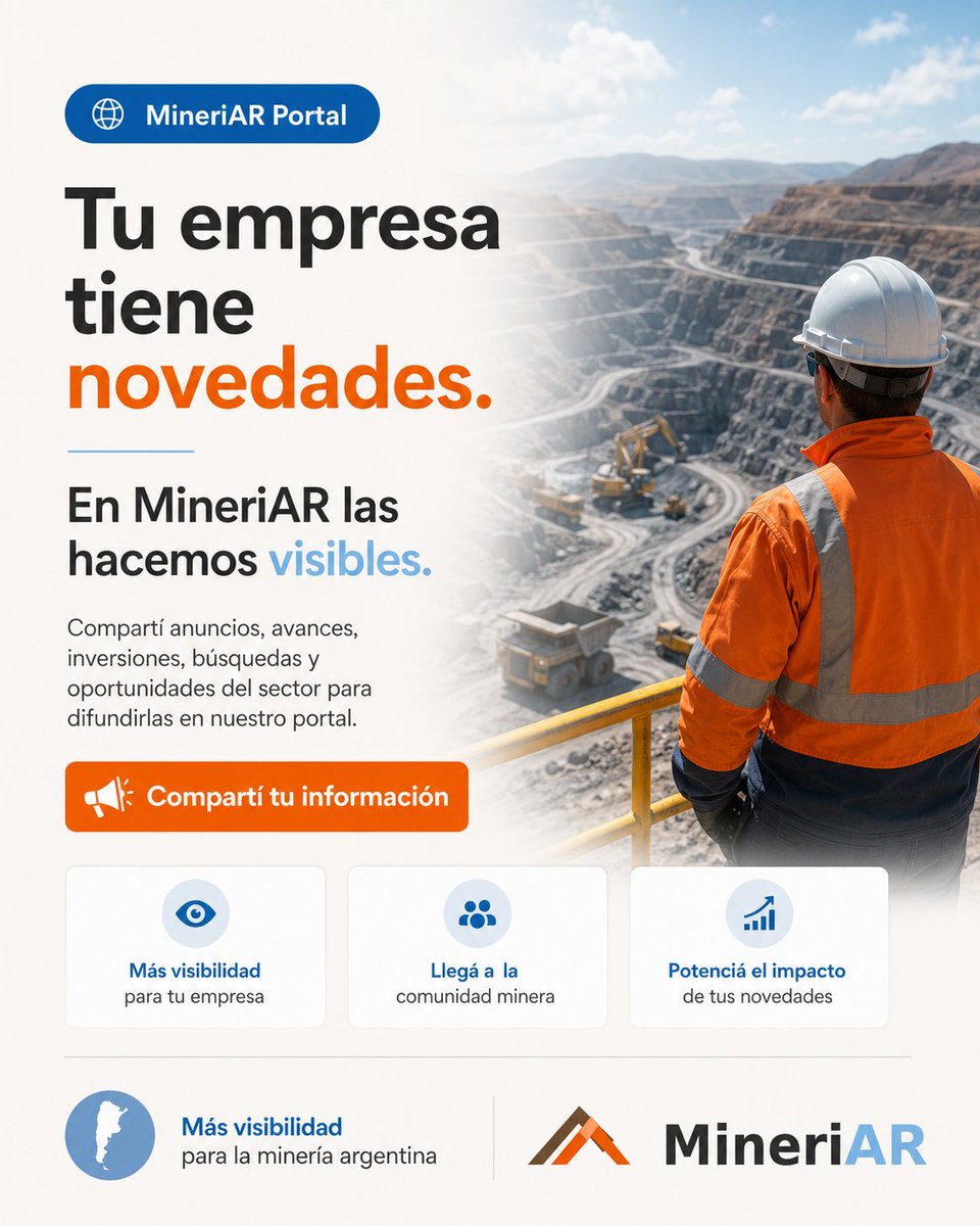 MineriAROK's tweet photo. Tu empresa tiene novedades. En MineriAR queremos hacerlas visibles.

Compartí anuncios, avances, inversiones, proyectos, búsquedas y oportunidades del sector para difundirlas en nuestro portal.

👉 https://t.co/2YhWFtUFKj

#MineriAR #MineríaArgentina #EmpresasMineras https://t.co/yuFMy6vkvR