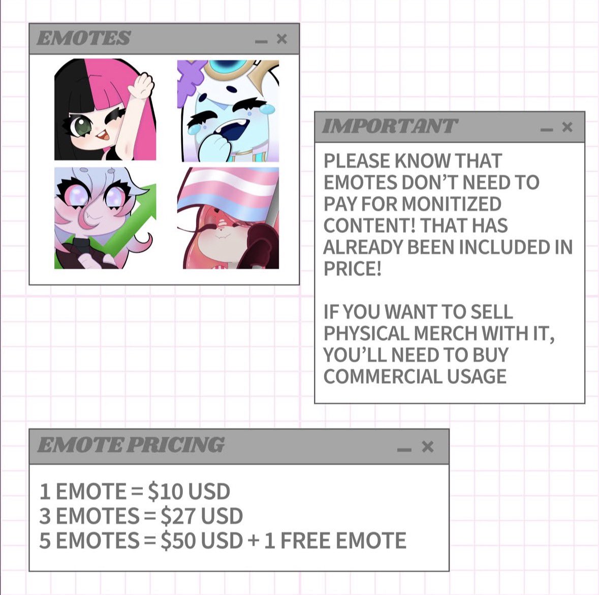 sherriehellfire's tweet photo. @molly4_u Hai!!! 
Every 5 emotes you buy from me you get 1 free emote! Here are some examples with pricing and also the credit for the VTubers! 
https://t.co/mdrNNgiin0 https://t.co/0AuMwNSuRJ