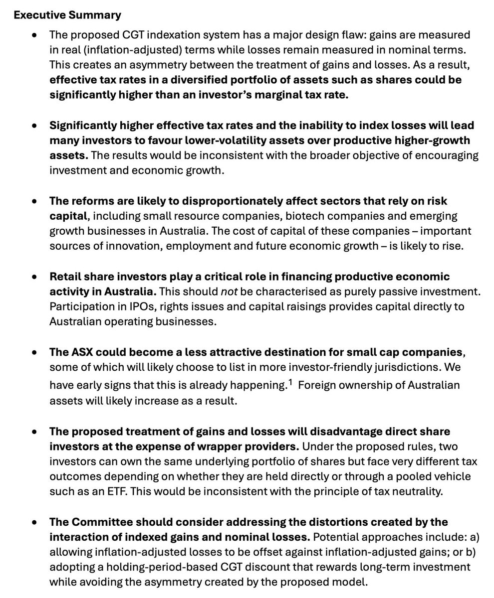 David_McMahon75's tweet photo. Here’s the executive summary from my submission to the Senate Committee on the proposed tax changes. Tried to keep it pretty focused as I’m sure others are addressing the many other issues including the 30% CGT minimum. https://t.co/0APngicz93