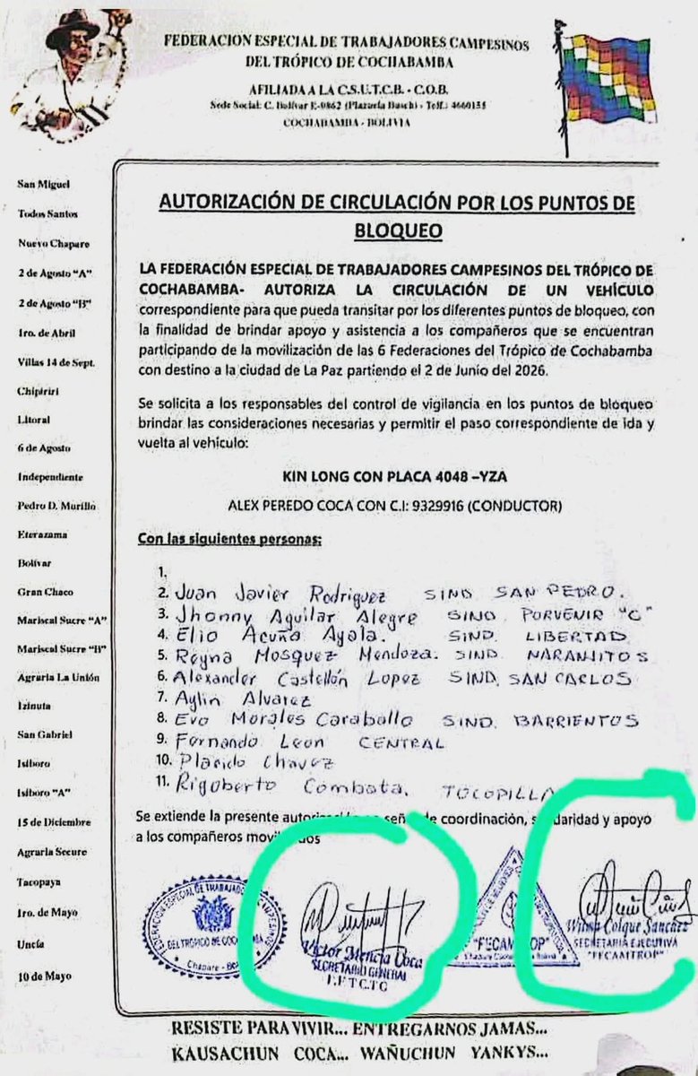 AugustoDiazBo's tweet photo. El país vive bloqueado, todos jodidos. Menos los sindicalistas del #Chapare ellos tienen aval para circular por todo el país. https://t.co/wg0bwHEFhD