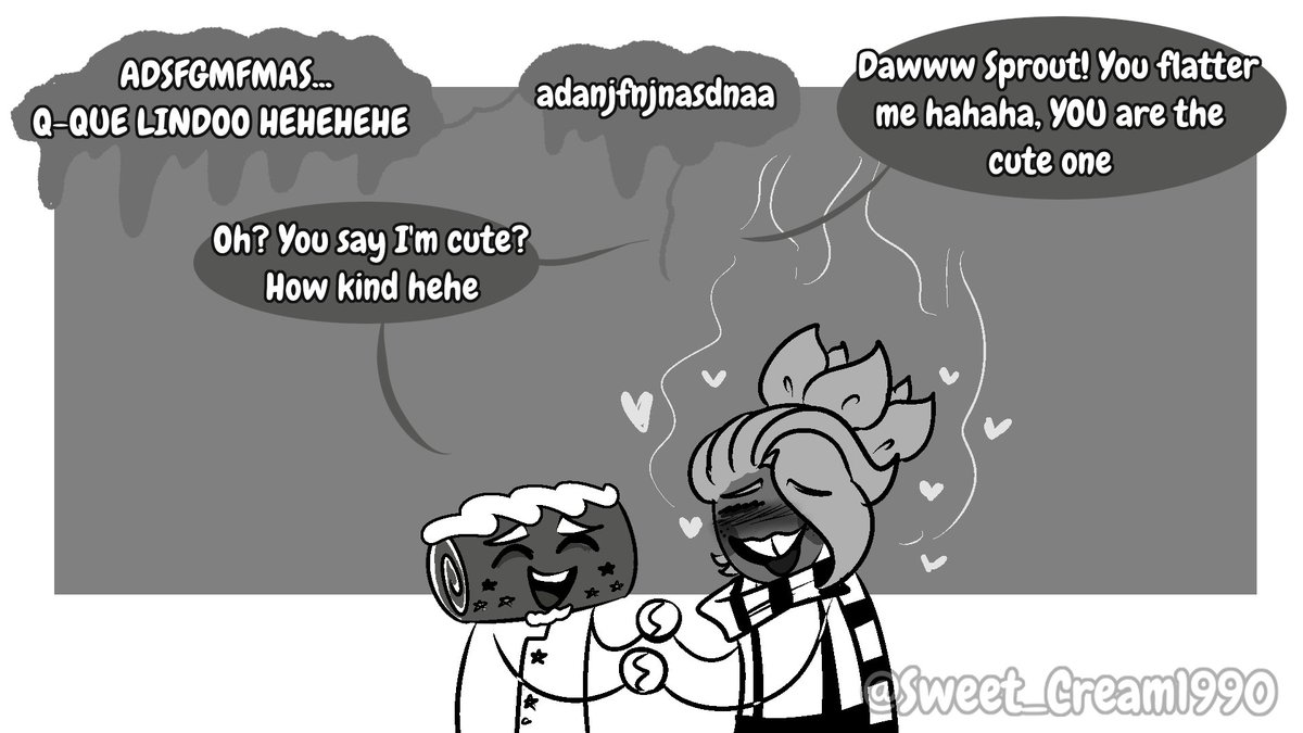 AbyCerezas's tweet photo. 🖤 Vintage Fruitcake 🤍

idk, here's a mini comic sketch of these two!
I want you to know that Vintage Sprout is a fraud. He pretends to be super serious, but he's JUST AS STUPID AS ALL THE OTHER SPROUTS 🗣️ 

#fruitcake #dandysworldart https://t.co/Dbh1MZuuE8