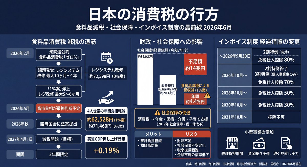 WhenceGallup's tweet photo. 食料品消費税、8%→1%へ。ビジネスパーソンが知っておくべき3つのポイント🗓️
＃消費税減税　＃インボイス制度
食料品の税率が1%になった場合、年間負担軽減額は…？
などの詳細はこちら👇 https://t.co/3jgm4xb9rH