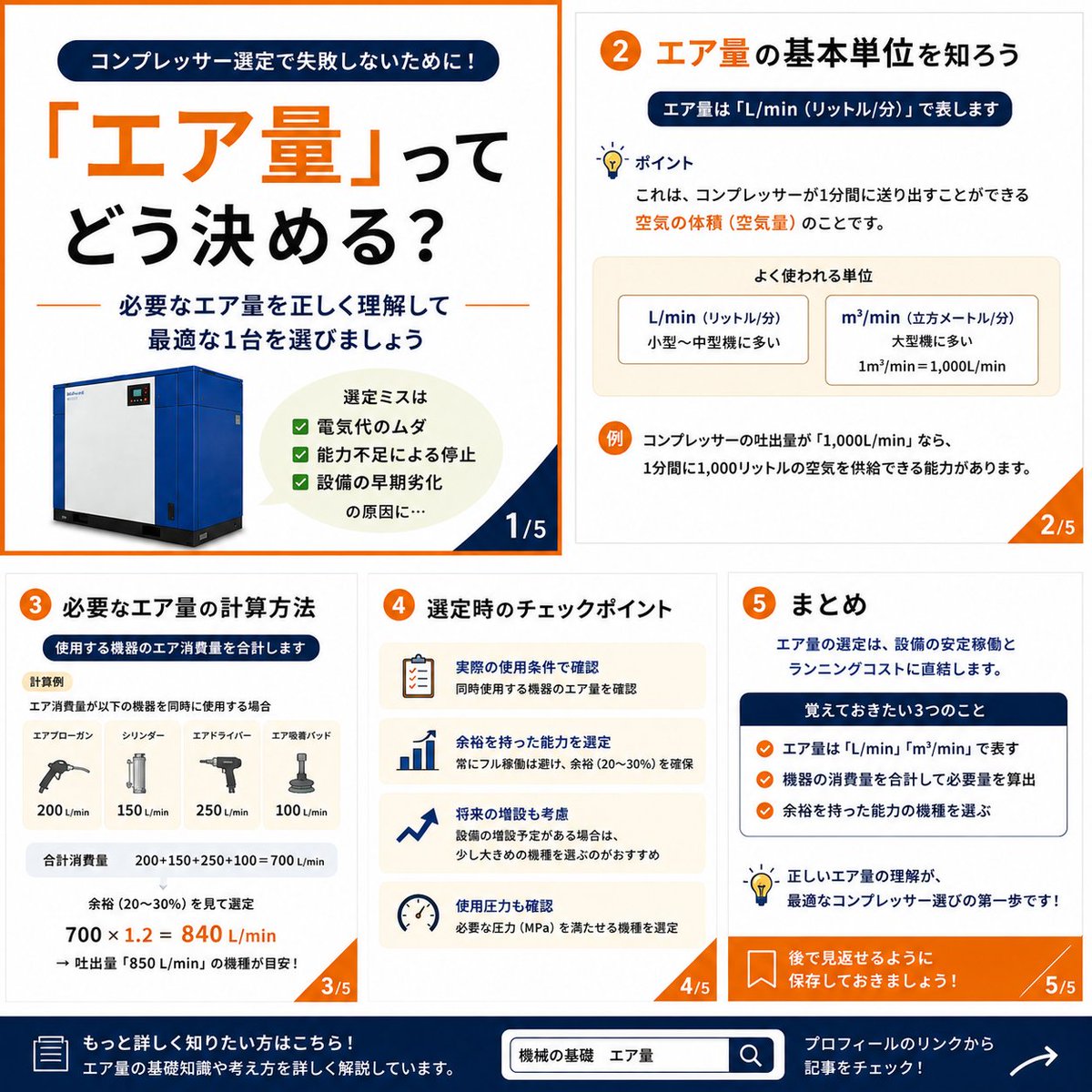 yumes_f's tweet photo. 【コンプレッサー選びで多い失敗】

「今と同じ馬力でいい」
これ、危険です。

本当に見るべきは "必要エア量"

例えば
・エアブロー ・シリンダー ・エア工具

を増設すると、知らないうちに能力不足になることも。

逆に大きすぎる機械は電気代のムダ。

コンプレッサー選定は kWではなく L/min。 https://t.co/PU56ez9Wqi