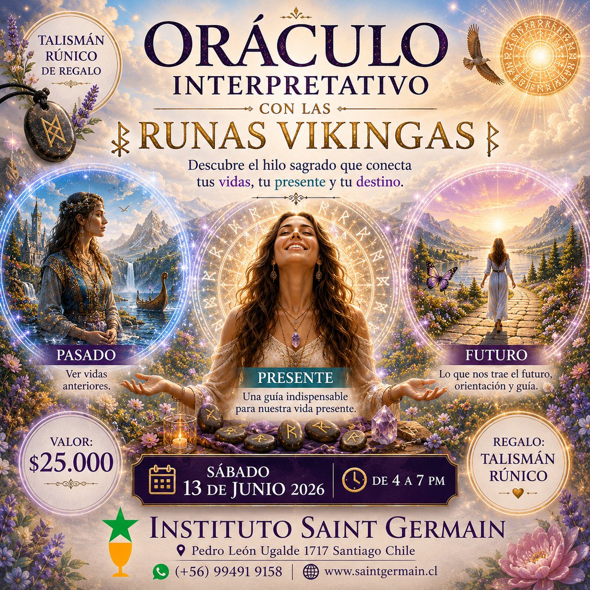 escuela_saint's tweet photo. ORÁCULO INTERPRETATIVO CON LAS RUNAS VIKINGAS
Pasado: Ver vidas anteriores.
Presente  Futuro
Talisman rúnico de regalo.
Sábado 13 de Junio 2026 de 4 a 7 pm
Valor: $25.000
Instituto Saint Germain
Pedro León Ugalde 1717 Santiago Chile
(+56) 99491 9158 | https://t.co/9PxKUnRL1P https://t.co/HEURLiZsMw
