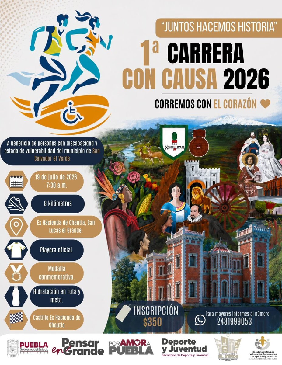 ExpressoPoblano's tweet photo. 🏃‍♂️💙 ¡Corre por una gran causa!

Participa en la 1ª Carrera con Causa 2026 “Juntos Hacemos Historia” y apoya a personas con discapacidad y en situación de vulnerabilidad de San Salvador El Verde. ♿❤️

📅 19 de julio | 📍 Ex Hacienda de Chautla | 🏃 8K | 🎽🏅

#CarreraConCausa https://t.co/pGV5nENpiP