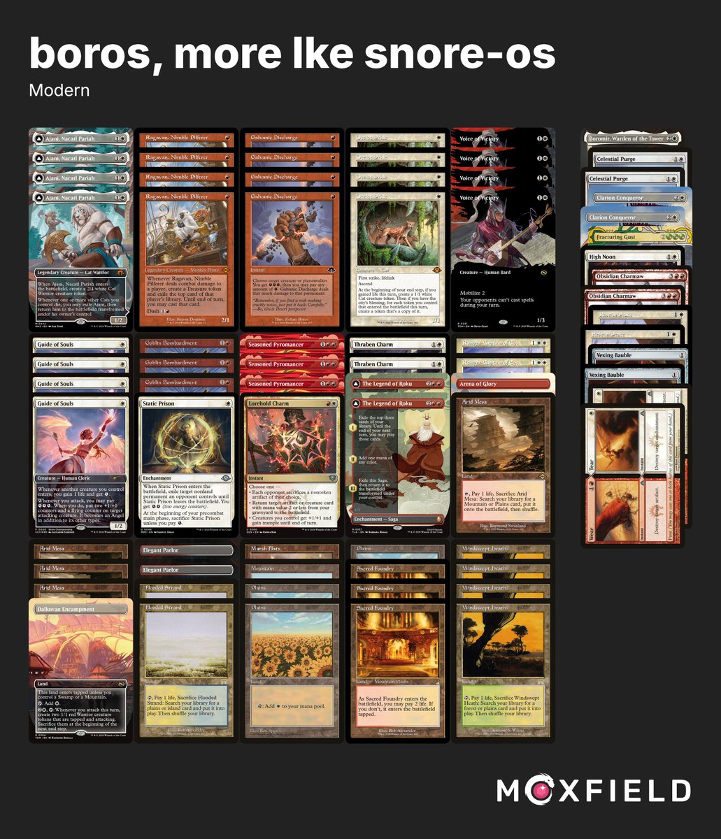 d00mwake's tweet photo. Went 8-2 in the MTGO super qualifier for 11th place. Same list as chall winner except -1 Haliya -1 Thraben +1 Voice +1 Lorehold.

R1 Ponza WW
R2 Grixass Rean WW
R3 Storm LWW
R4 Necro WW
R5 Mirror WW
R6 Trudge WLW
R7 Esper blink LWL
R8 Prowess LWL
R9 Mirror LWW
R10 Affinity WW https://t.co/A8QHYasRZw